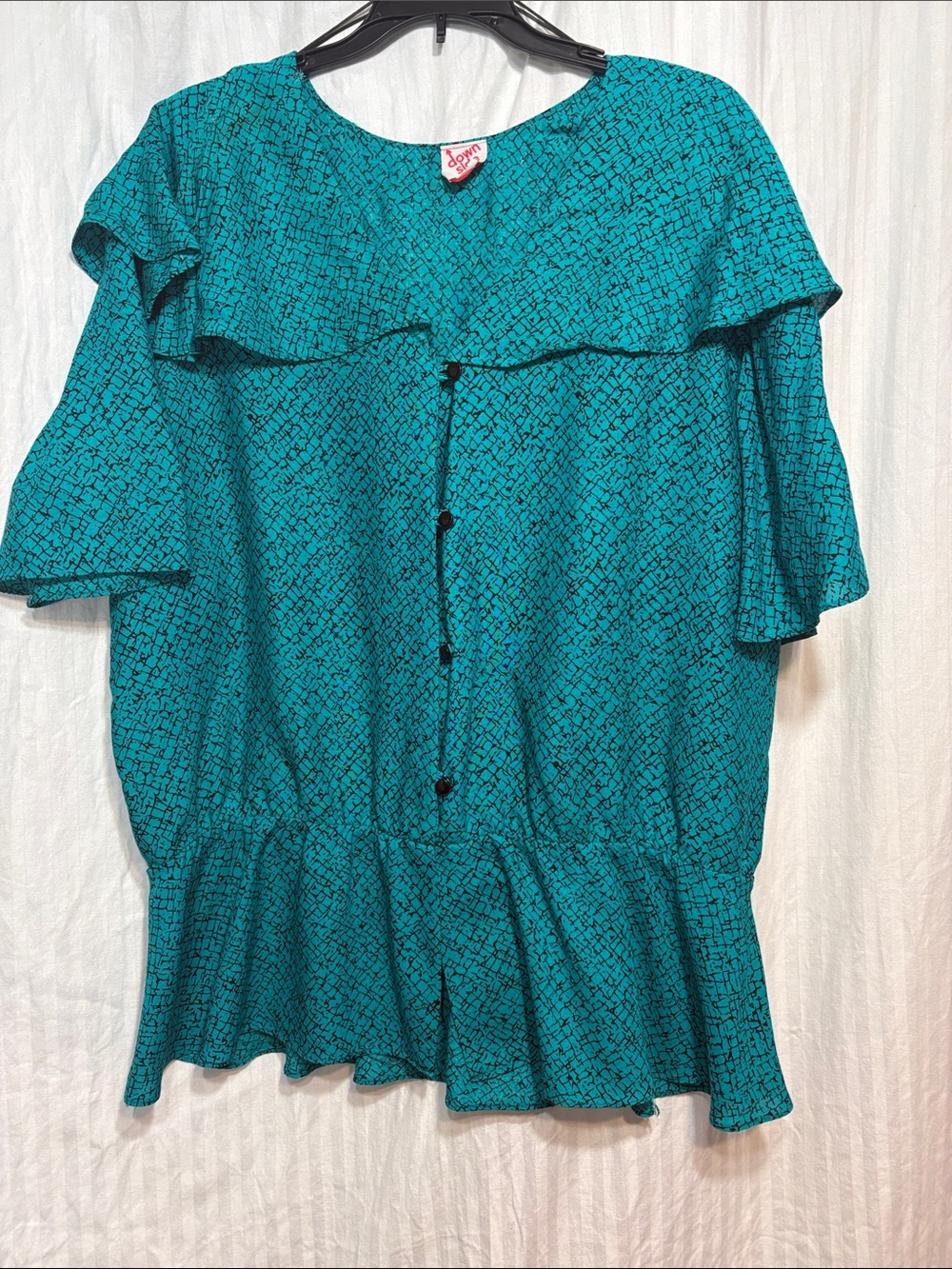 Teal Printed Ruffle-Trim Blouse - Down Side Up Vintage 80’s-90’s secretary wear